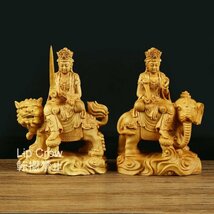 文殊菩薩 普賢菩薩一式 置物 仏教 工芸品 細密彫刻 木彫仏像_画像3