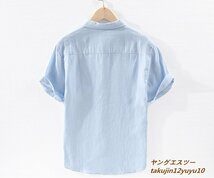 半袖シャツ 新品 メンズ ワイシャツ リネンシャツ 亜麻100% 夏 サマー 清涼感 心地良し 麻シャツ 無地 カジュアル 六色選択 ブルー S_画像2