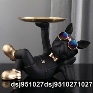 フレンチブルドッグの家の装飾 犬の像 ステンレス鋼のトレイ テーブルの装飾 動物の置物 おしゃれ ブラック