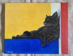 黒猫の絵画☆直筆 手書き アクリル画 ネコのイラスト 419