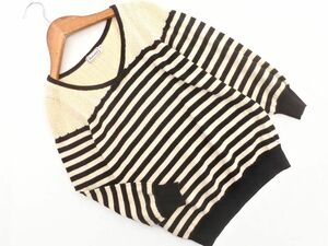  cat pohs OK anatelier Anatelier wool .V neck ribbon border knitted sweater size38/ ivory x black *# * dka2 lady's 