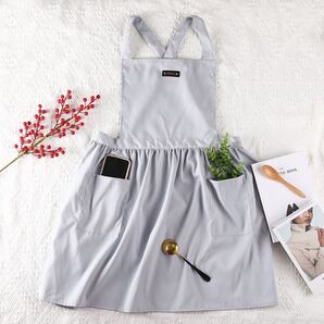 新品 エプロン レディース キッチン カフェ 料理店 ロング丈 おしゃれ 北欧風 無地 ポケット付き インスタ映え グレー 撥水