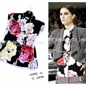  super-beauty goods Chanel CHANEL black * turtle rear floral print * smooth finest quality! silk 100%* no sleeve * cut and sewn * tops * blouse 42