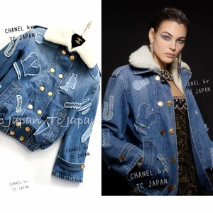  Chanel jacket coat CHANEL super-beauty goods 2019 blue Denim boa collar outer here Mark Bomber jacket 34 36 38