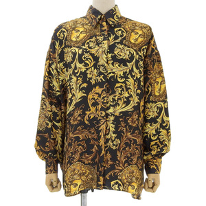  beautiful goods Versace jeans kchu-ru90 period Vintage Gold × black mete.-sa pattern silk shirt blouse S lady's 