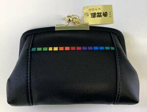 未使用　玉七色前ポケット付きがま口　牛革　財布　黒色　コインケース　収納ポケット×2　日本製 福財布
