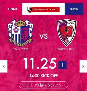 セレッソ 大阪 VS 京都 サンガ ★11月25日（土）★ヨドコウ★ホームバック南指定席★3席★2席以下の価格で