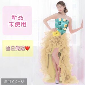 ★ハイ＆ロー ロングドレス ロングトレーンドレス★.*エメラルドグリーン クリームイエロー 華やかチュール チュチュ