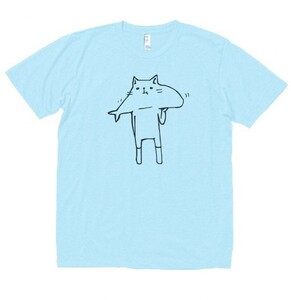 おもしろ　Tシャツ　食いしんぼネコ　水色 h576
