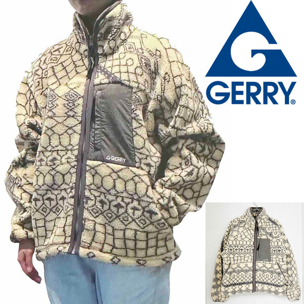 新品 M ★ GERRY ジェリー レディース ボア ジャケット ベージュ 総柄 スタンドカラー アウター ハーフ ブルゾン アウター フリース ロゴ 