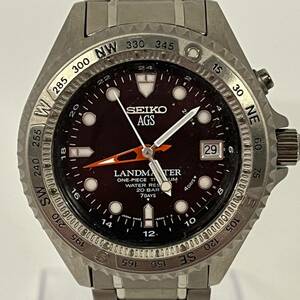 1円~【実動】セイコー SEIKO AGS ランドマスター 5M45-6A01 自動巻き メンズ腕時計 ブラック文字盤 デイト 純正ベルト チタン F120962