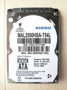 USED　MARSHAL　マーシャル　HDD　MAL2500HSA-T54L　500GB　／　内蔵2.5型　SATA6Gbps