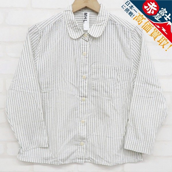 【美品】 MHL. / エムエイチエルマーガレットハウエル | 2022AW | OUTLINE COTTON STRIPE SHIRT / コットン  ストライプ バンドカラーシャツ | M | ホワイト/ベージュ | メンズ