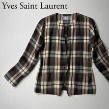 Yves Saint Laurent イヴサンローラン ノーカラージャケット リネン　羽織　薄手　チェック柄 長袖　アウター　トップス レディース_画像1