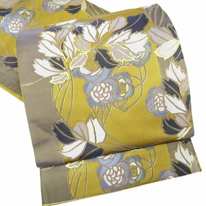 袋帯 中古 リサイクル 正絹 フォーマル 仕立て上がり 六通 花の図 芥子色 鼠系色 金 きもの北條 A947-13