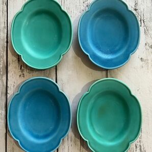 マットターコイズブルー2枚+グリーン2枚 洋食器 小皿 美濃焼 オシャレ 磁器 オーバル 楕円 デザート皿 副菜皿