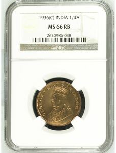 インド銅貨　1936C 1/4 ANNA NGC MS 66RB NGC記録4位