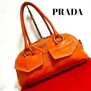 PRADA オレンジ 高級 ALLLEATHER トートバッグ ボストンバッグ ハンドバッグ 三角プレート レザー 