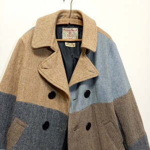 良品《60s / Harris Tweed》英国製 1998 UK WEAR ハリスツイード パッチワーク ピーコート メンズM ジャケット ブルゾン コート ビンテージ