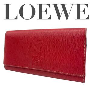 LOEWE ロエベ 長財布 アナグラム レザー 赤 レッド 本革 レディース