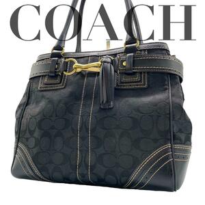 coach ハンドバッグ　トートバッグ　シグネチャー　レザーキャンバス　タッセル