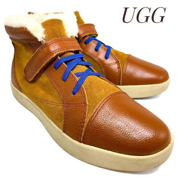 ☆即決・送料無料☆UGG アグ コンビレザー ムートンスニーカー 茶 ブラウン 23.5cm　革靴 シープスキン カジュアル 本革 本皮 レディース