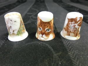 【シンブル 指ぬき 3個セット①】ねこ 猫 ヴィンテージ FINE BONE CHINA イギリス製 ホワイト 陶器 雑貨 HOBBY・カルチャー【A6-3①】1102