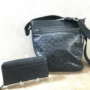 COACH/コーチ レザーショルダーバック 長財布 2点セット F72221/F74529 斜め掛け 肩掛け ラウンドファスナー ブラック 黒 まとめ 菊NS