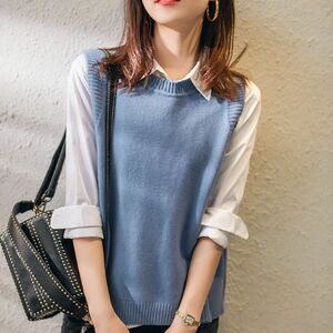 ニット ベスト 韓国 レディース 秋服 ノースリ 重ね着 レイヤード シンプル 体型カバー きれいめ セーター