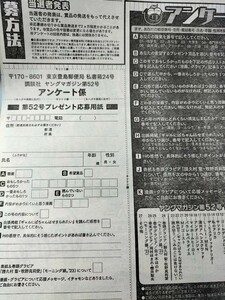 【応募券2枚】アンケート用紙　週刊ヤングマガジン52号（最新号） モーニング娘’23 プレミアムプレゼント・佐々木ほのか グラビア