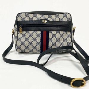 外観美品■GUCCI グッチ■ショルダーバッグ GG シェリーライン 斜め掛け 紙タグ付き PVC レザー ネイビー イタリア製 ビンテージ