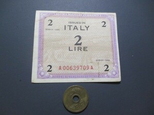 極美品　連合軍軍票　イタリア用　1943年　2リラ　P-M11b