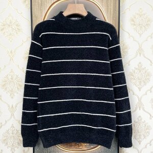 最高級EU製＆定価5万◆UABONI*Paris*セーター*ユアボニ*パリ発◆ミンク/カシミヤ混 防寒 ストライプ プルオーバー 秋冬 定番 2XL/52サイズ