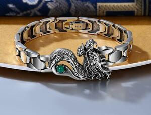 925銀腕時計緑の宝石竜トーテムブレスレット付き装飾