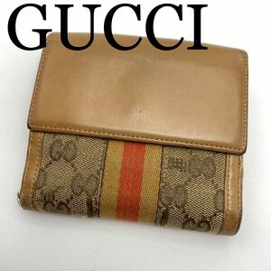 GUCCI グッチ 小銭入れ有財布 GG柄 布×レザー ブラウン系 1円スタート