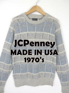 70s JCペニー JCPenney ★ USA製 シャギー ニット チェック M ★ セーター ヴィンテージ オールド メンズ レディース 毛足長 幾何学模様
