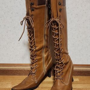 編み上げロングヒールブーツ ポインテッドトゥ キャメル 22.5cm