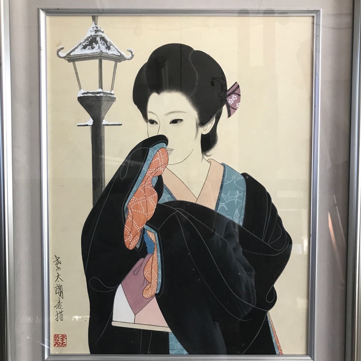 Œuvre authentique de Kotaro Naoki, esquisser, lampadaire et femme, Taille F6, portrait d'une belle femme, taille du cadre 57 cm hauteur x 48 cm largeur, verre, cadre de peinture à l'huile, Peinture japonaise, collection, Peinture, Peinture japonaise, personne, Bodhisattva