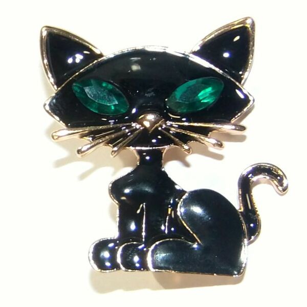 黒猫　クロネコ　ねこ　子猫　ネコ　緑色　ラインストーン　ブローチ　コサージュ　ピンバッジ　ラペルピン　キャット　安全ピン