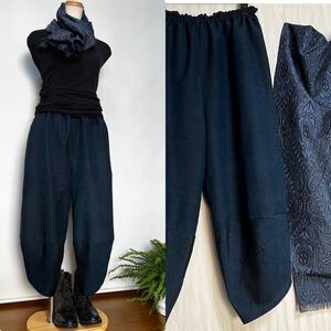  Indigo navy blue hige pongee * sarouel pants + stole * lining attaching * kimono remake 