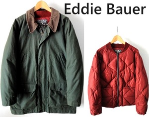 Eddie Bauer:エディーバウアー/襟レザー ダウンライナー付き 2WAY ハンティングジャケット/ダウンジャケット/グリーン系/Ssize