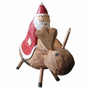 トナカイ乗りサンタの木彫り 15cm クリスマスグッズ デコレーション X'mas Christmas オーナメント 置物 700101
