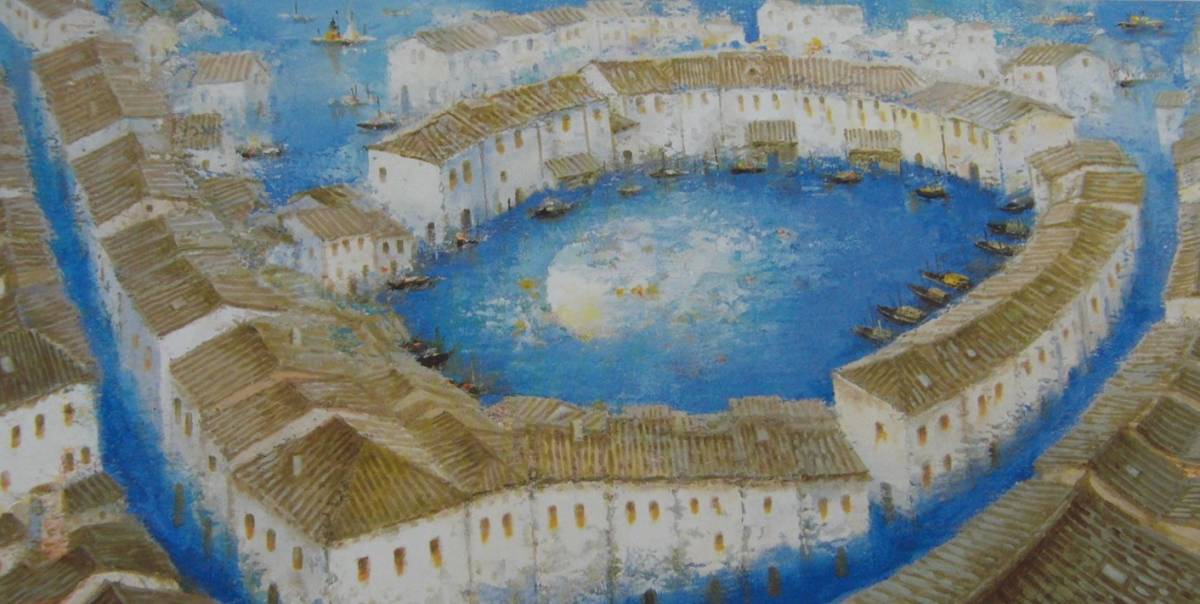 Akio Tanida, Ciudad de los Recuerdos (Luna Llena Azul), Cuidadosamente seleccionado, Libros de arte raros y cuadros enmarcados., Nuevo marco de alta calidad incluido., En buena condición, Cuadro, acuarela, Naturaleza, Pintura de paisaje