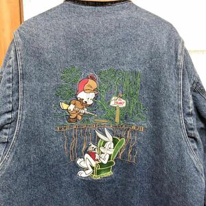 90s ルーニーテューンズ 刺繍 デニム カバーオール 襟コーデュロイ L デニムジャケット Gジャン バッグスバニー エルマー バックスバニー