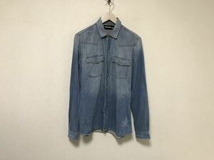 本物ザクープルズThe Kooples JEANSコットンドクロスカル髑髏ボタンダメージ加工デニムウエスタン長袖シャツメンズサーフアメカジ青M