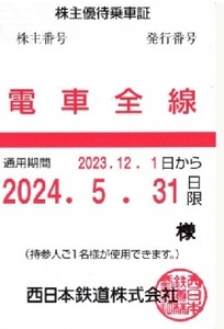 ★送料込！西日本鉄道株式会社　株主優待電車全線乗車証　定期券タイプ　持参人１名有効★