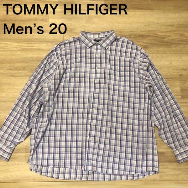 【送料無料】TOMMY HILFIGER長袖シャツ 紫系チェック柄　メンズ20サイズ　トミーヒルフィガー