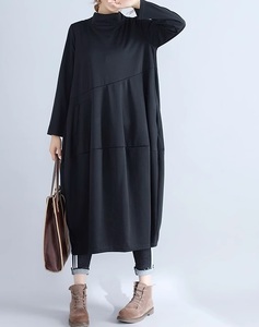 ぷっくりスカートがかわいい☆新品☆大きいサイズ☆ジャージーニットしっかり素材のロング丈ワンピお色は黒