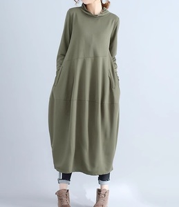 ぷっくりスカートがかわいい☆新品☆大きいサイズ☆ジャージーニットしっかり素材のロング丈ワンピお色はアーミーグリーン
