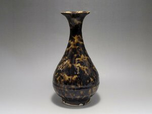 黑釉 鼈甲窯変釉 天目花瓶 時代唐物 高さ約20.5cm / 宋元時代 花瓶 飾瓶 花插 花器 唐物 人間国宝 李朝 高麗 古玩 古董